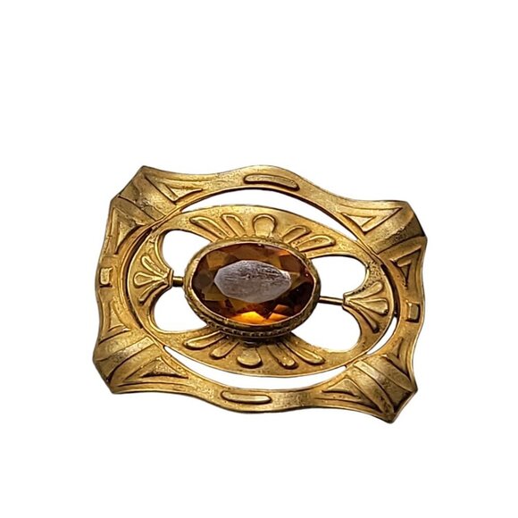 Buckle Style Czech Glass Brooch Light Brown Boho Stone Gold Tone Setting - Picture 7 of 10
